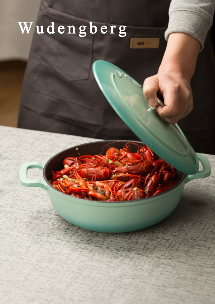 healthy cooking with enamel cast iron pot on stovetop